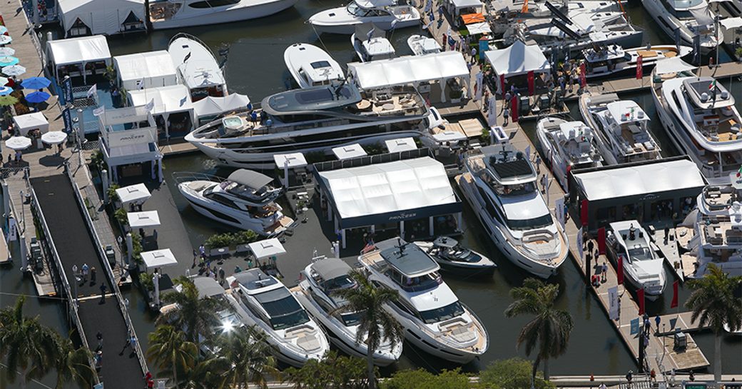 Motor yachts moored on display at the Palm Beach Boat Show.