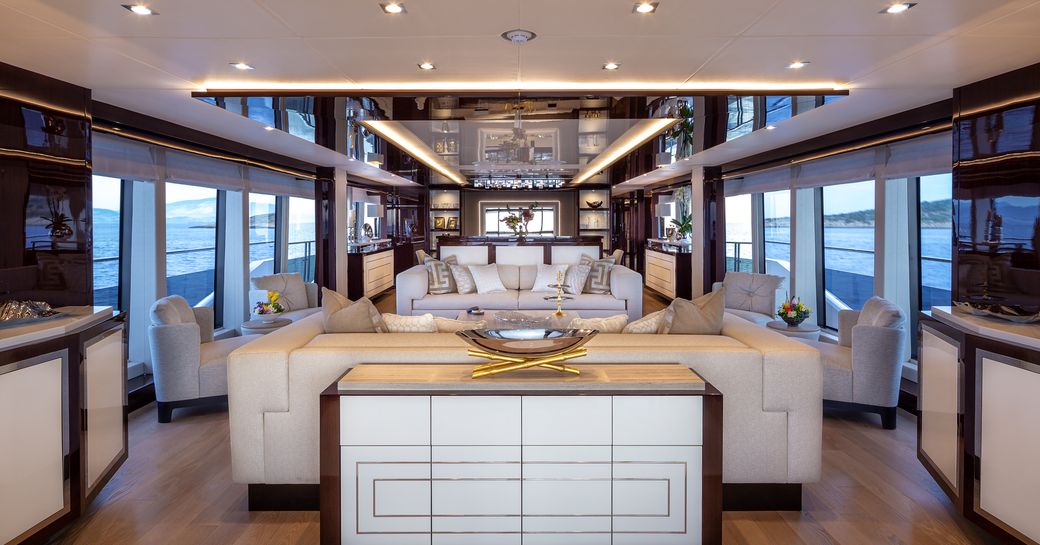 Aqua Libra yacht main salon, with sleek interiors 