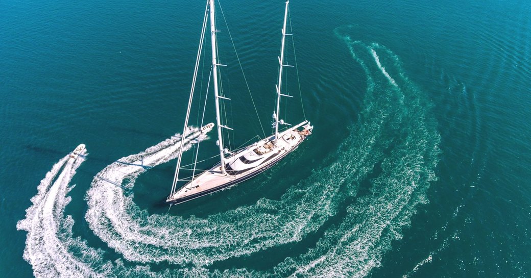 Aerial view of superyacht TWIZZLE surrounded by water toys