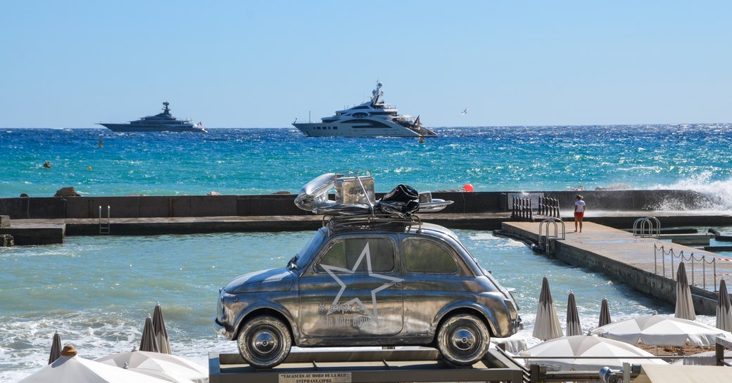 Superyachts at anchor during Monaco Yacht Show 2019