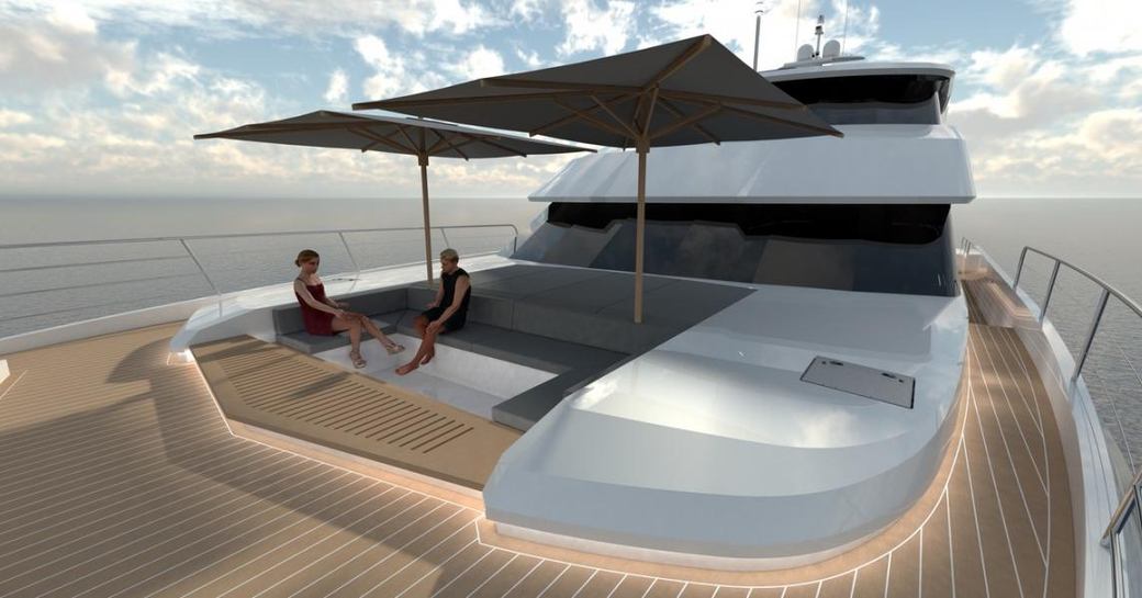 CGI image of two people on open deck of Rua Moana catamaran