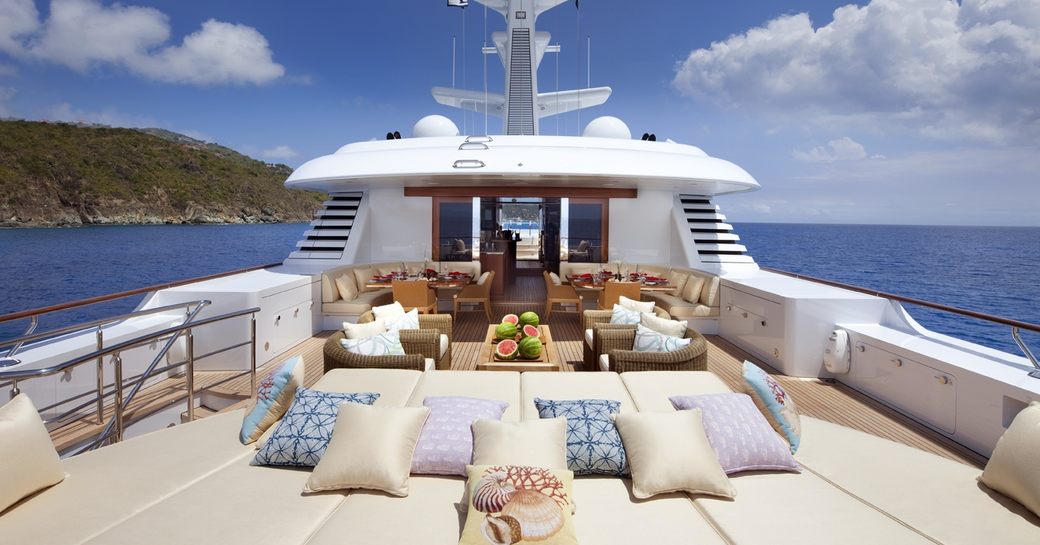 Sundeck with sun pads and seating on board motor yacht lady britt