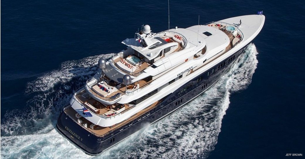 Aerial view of superyacht Arience in motion through the sea