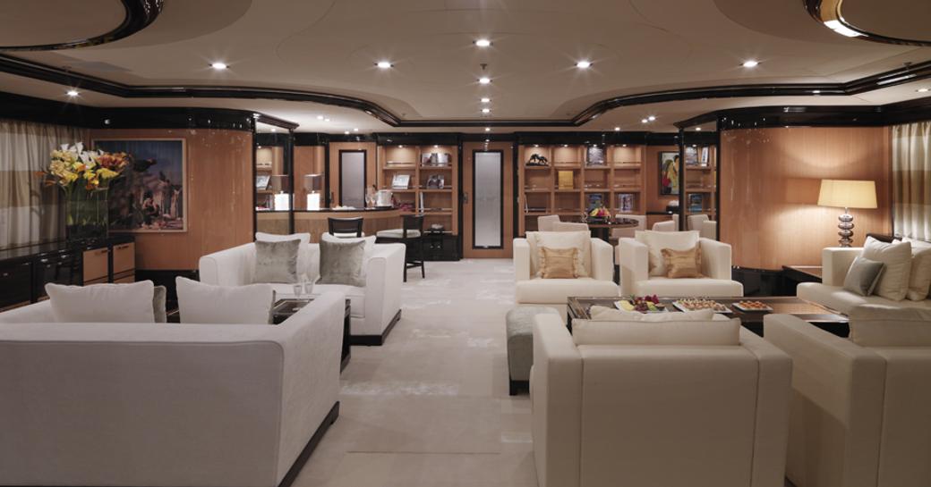 Main salon, side view onboard MY Meamina