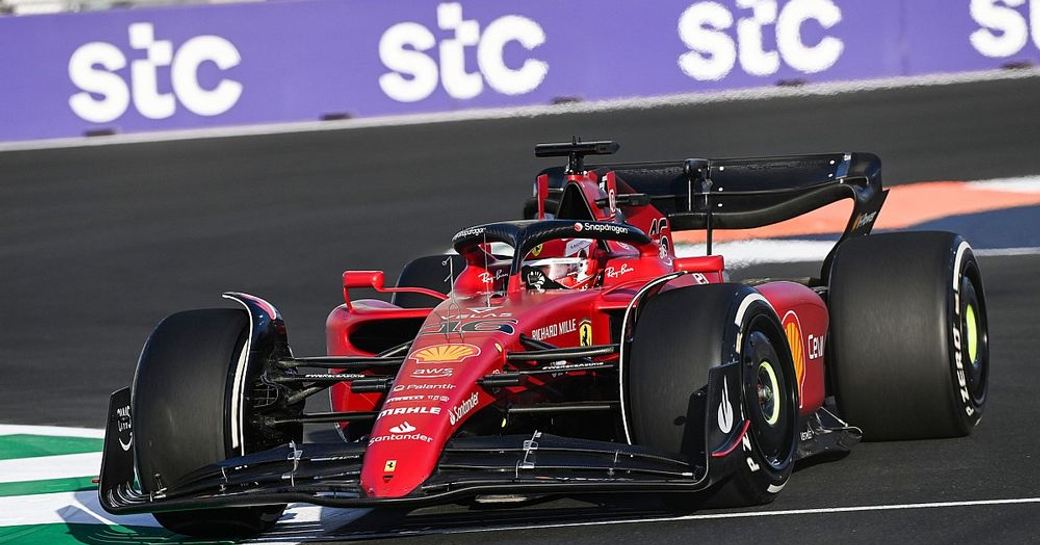 Forward view of Formula One racer Leclerc in action at the Saudi Arabia Grand Prix