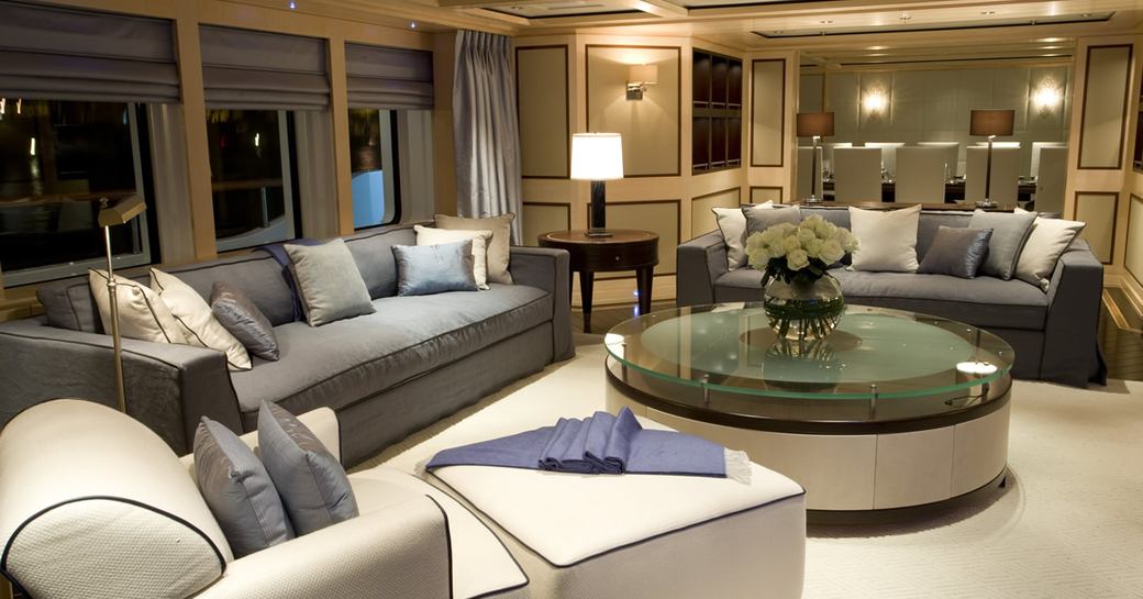 sofas and armchairs in the main salon of superyacht ODESSA 