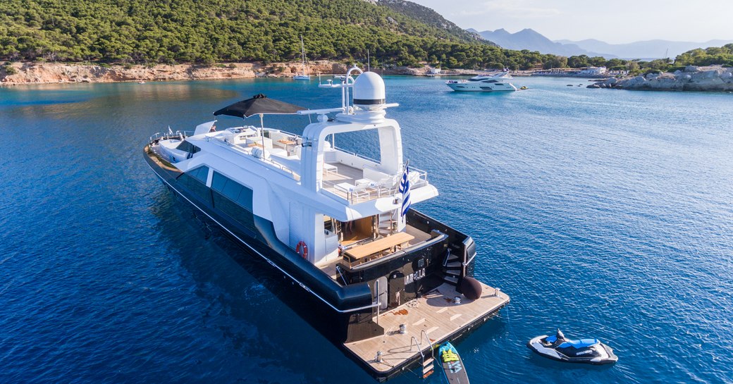 Aerial shot of charter yacht AQUARELLA in the Mediterranean waters of Greece