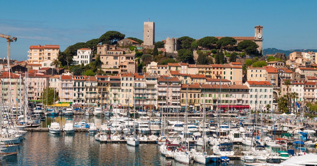 Overview of Vieux Port in Cannes, with many yachts berthed
