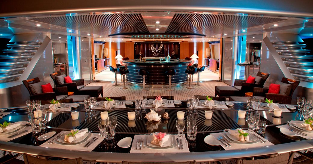 alfresco dining at night on board superyacht ‘Maltese Falcon’ 