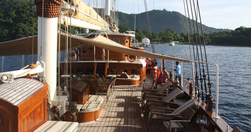 expansive foredeck with lounging areas on board luxury yacht Mutiara Laut 