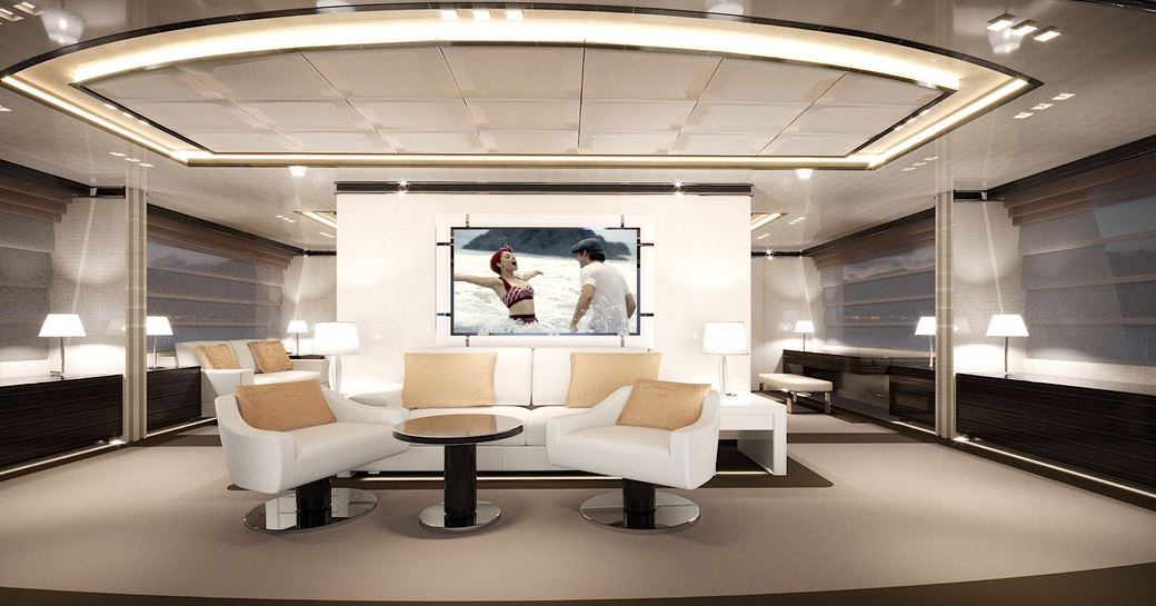 A graphic rendering of the master cabin seating area on board superyacht O'MATHILDE