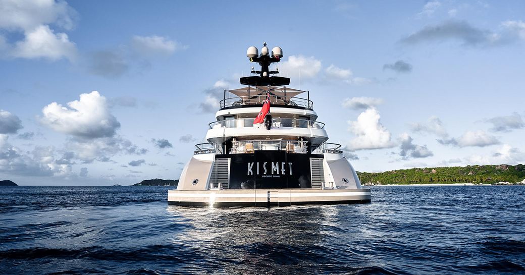 aft of luxury yacht KISMET when on a Caribbean yacht charter