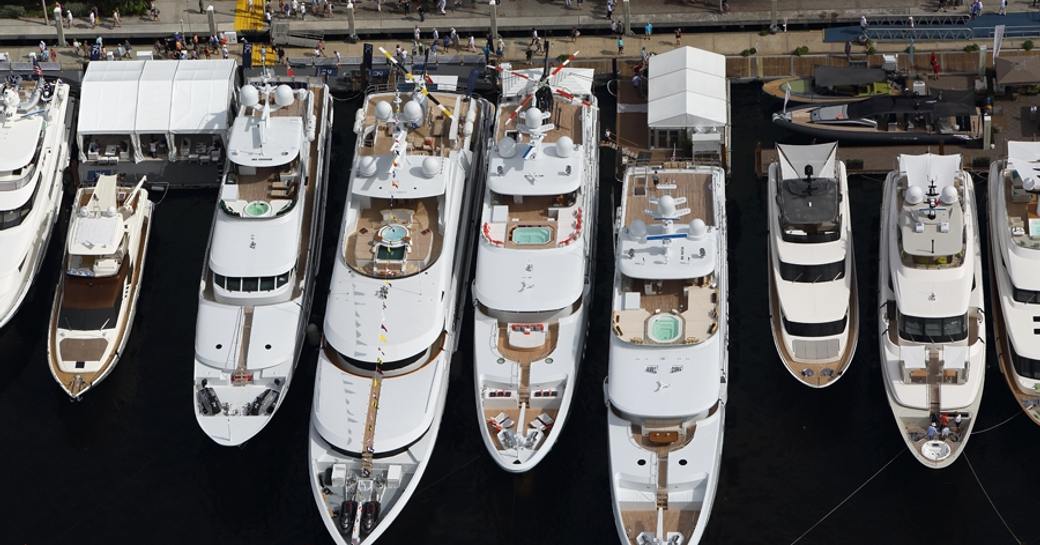 Aerial image of superyacht lined up at Fort Lauderdale International Boat Show 