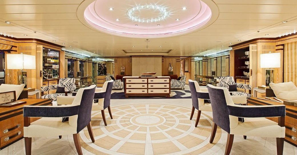 modern styled main salon on board luxury yacht ‘Force Blue’ 