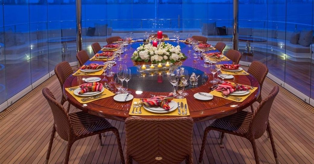 semi-alfresco dining area on upper deck of motor yacht Double Down