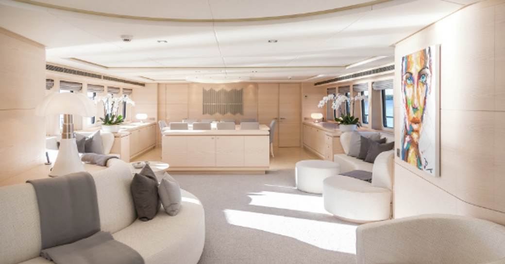 seating area in the light and airy main salon aboard luxury yacht G3