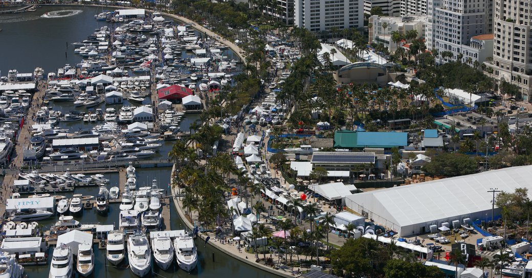 Aerial view of the Palm Beach International Boat Show along Flagler Drive