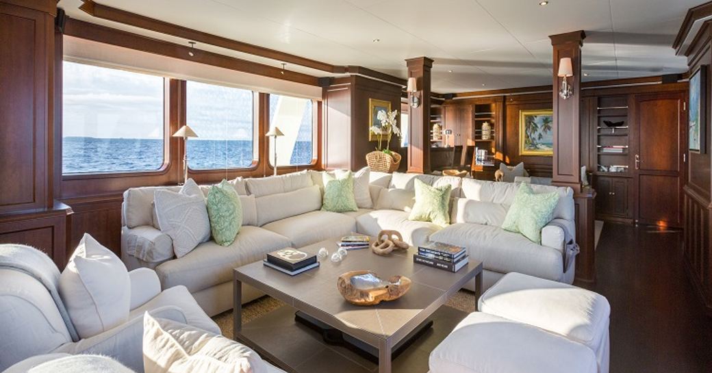 new look main salon with classic styling aboard charter yacht PIONEER