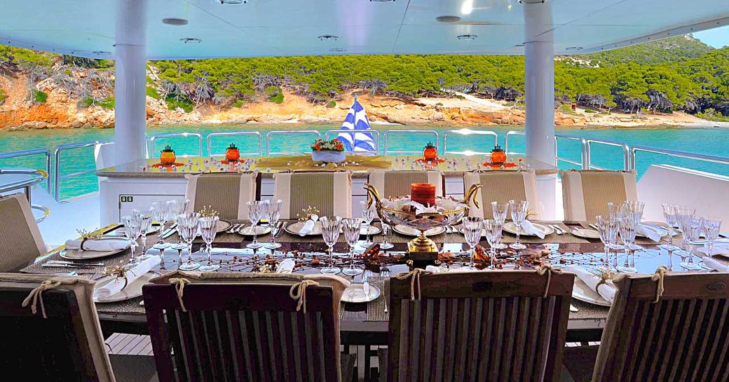 alfresco dining on upper aft deck of superyacht ‘Ionian Princess’
