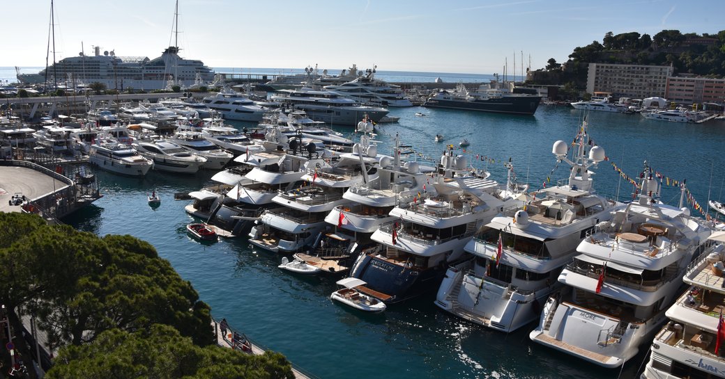 Yachts lined in Port Hercules at the Monaco Grand Prix