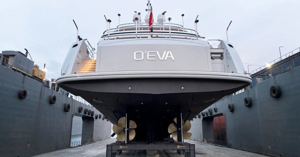 superyacht o'eva sporting new hull at her relaunch in greece