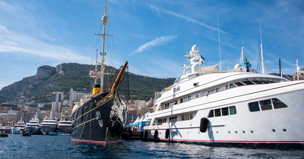 Superyacht charter NERO berthed alongside other charter yachts at the Monaco Yacht Show