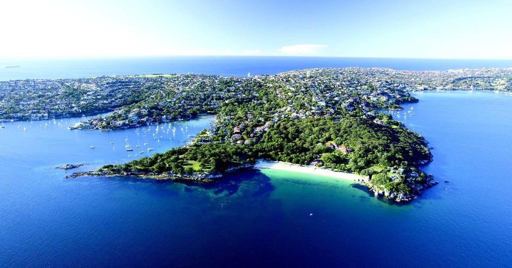 An aerial view over the lush islands near Sydney
