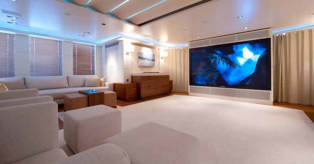 Skylounge cinema set-up on charter yacht Triple 7