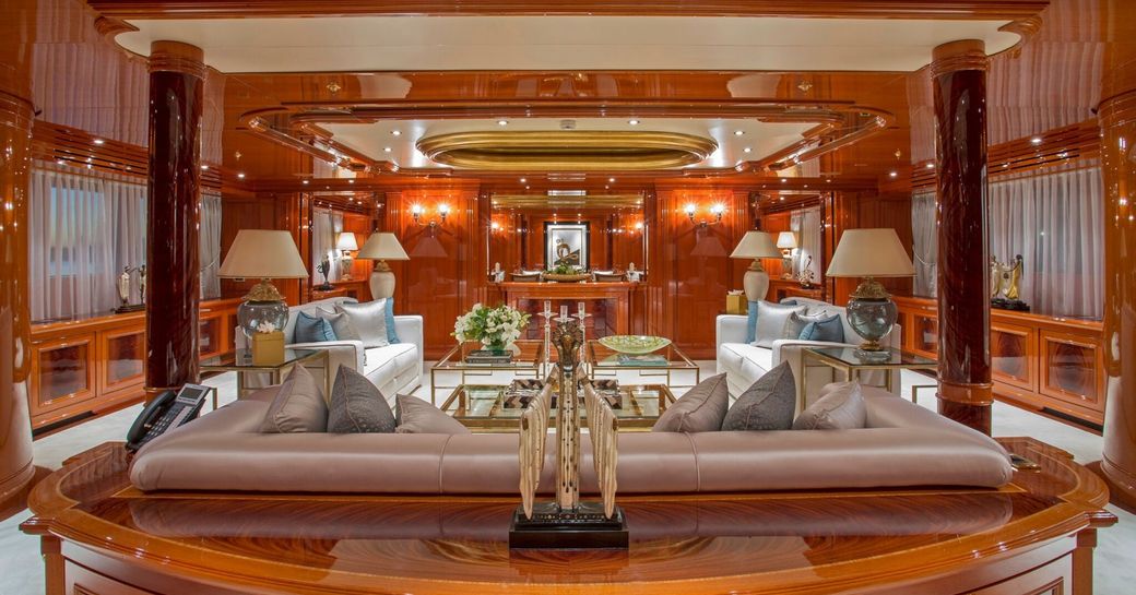The glossy woodwork featured on board luxury yacht 'Double Down'