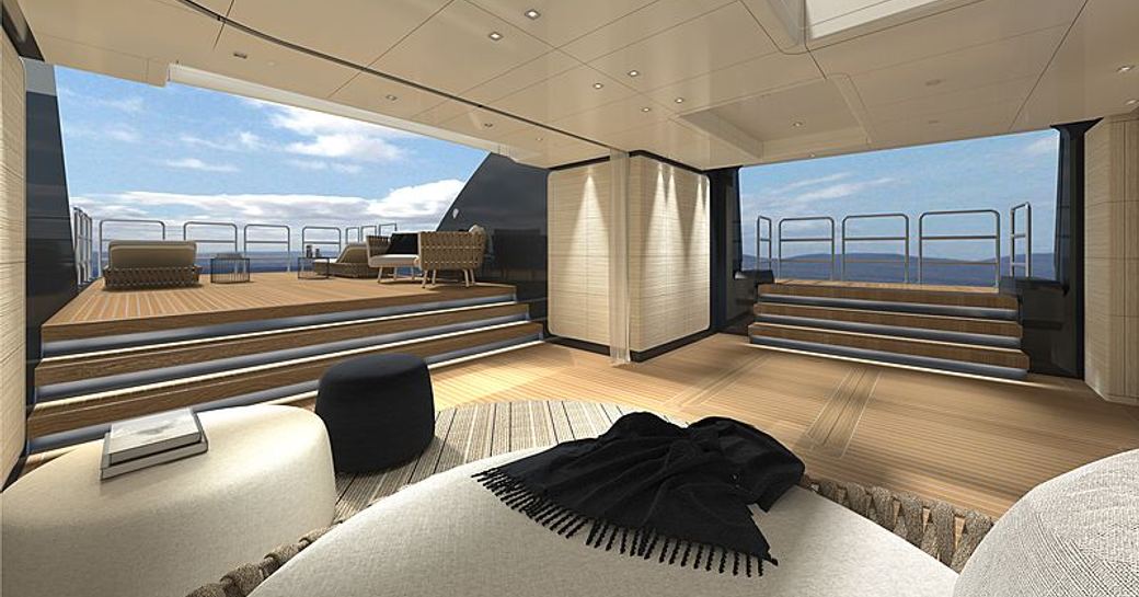 Overview of the beahc club onboard charter yacht SEVERIN'S, with two visible openings and sea vistas 