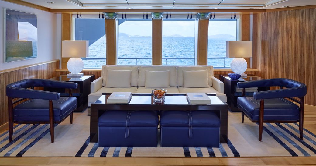 lounge area in main salon of superyacht ‘Victoria del Mar’ 
