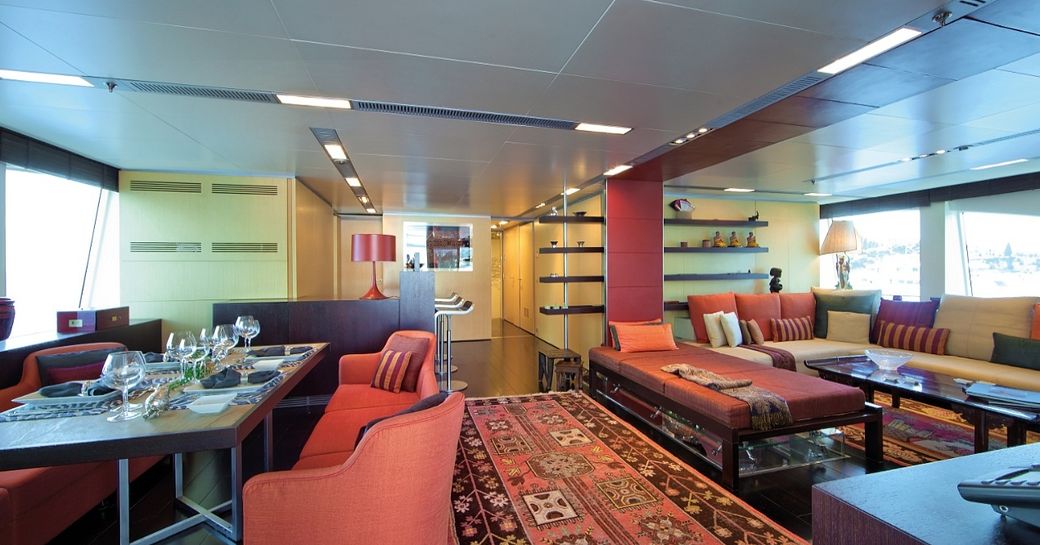Zen-like interior of main salon of luxury yacht Sai Rai