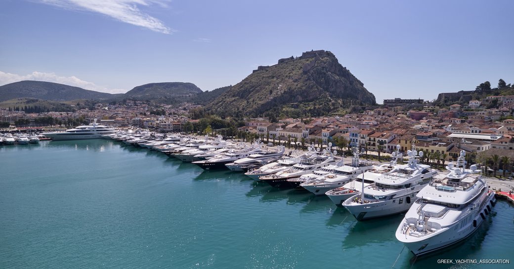 superyachts lined up in the historical port town of Nafplion