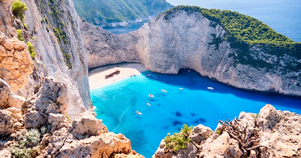Aerial image of Zakynthos, sandy beach and shipwreck cove