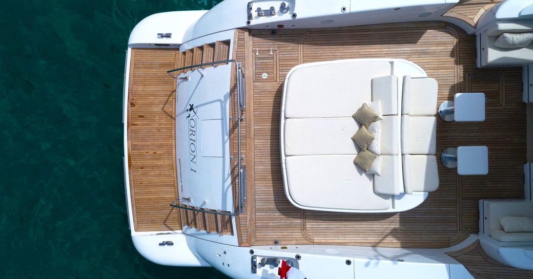 View from above of Luxury yacht Orion 1 foredeck and sunpad