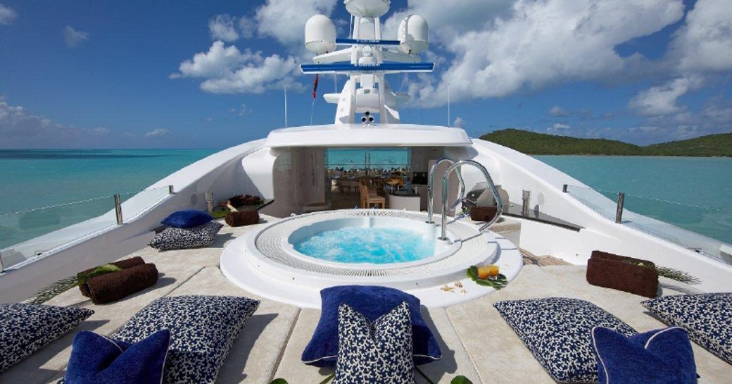 The sundeck and Jacuzzi onboard motor yacht 'Ice Angel, previously 'Cloud 9'