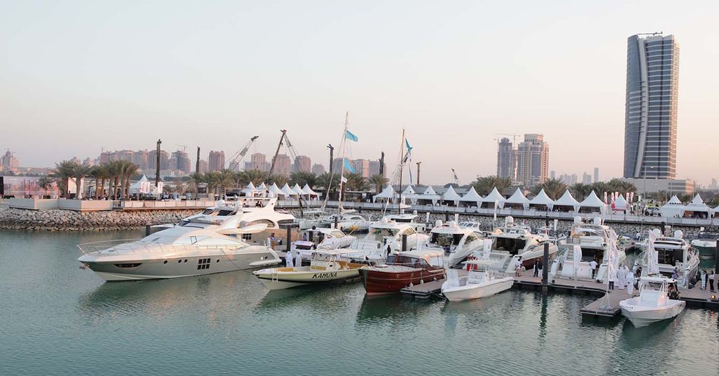 Yachts lined up in the Pearl-Qatar Island for the Qatar International Boat Show