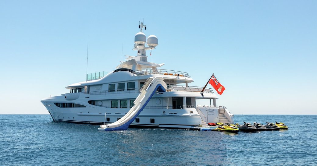 Luxury yacht La Mirage with her water toys at sea