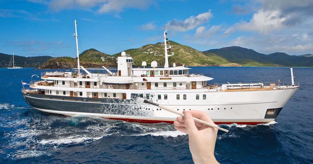 A graphic which shows someone painting a blue superyacht white