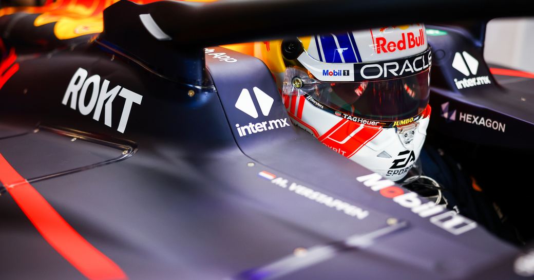 Close up of a Red Bull Formula One driver in their helmet