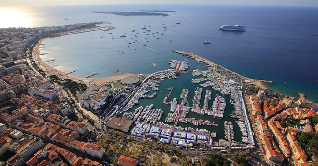 Superyachts gathered for the Cannes Yachting Festival