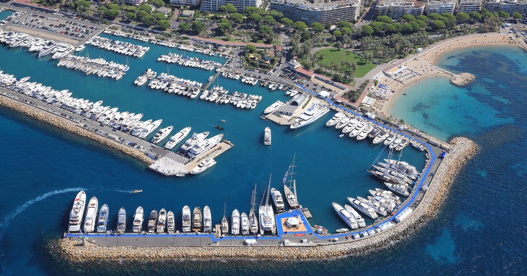 superyachts lined up in Port Canto for the Cannes Yachting Festival