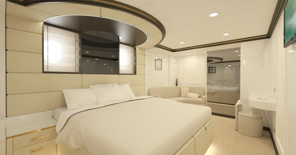 the spcaious master cabin in charter yacht aurum sky made of soft neutral palette