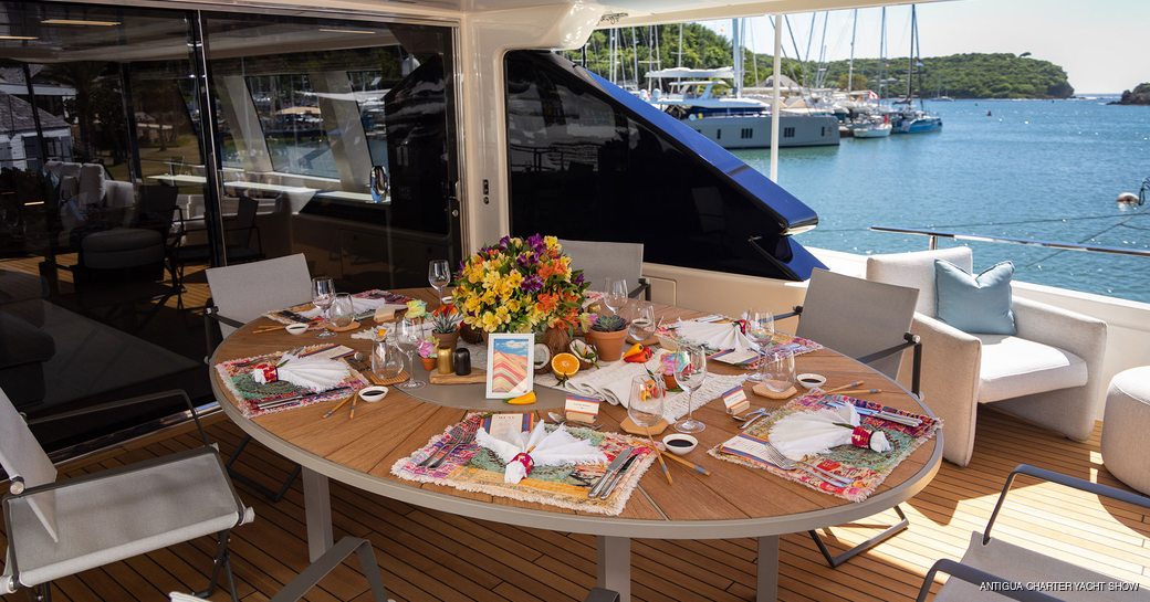 Alfresco dining area onboard charter yacht EROS during tablescaping competition in Antigua