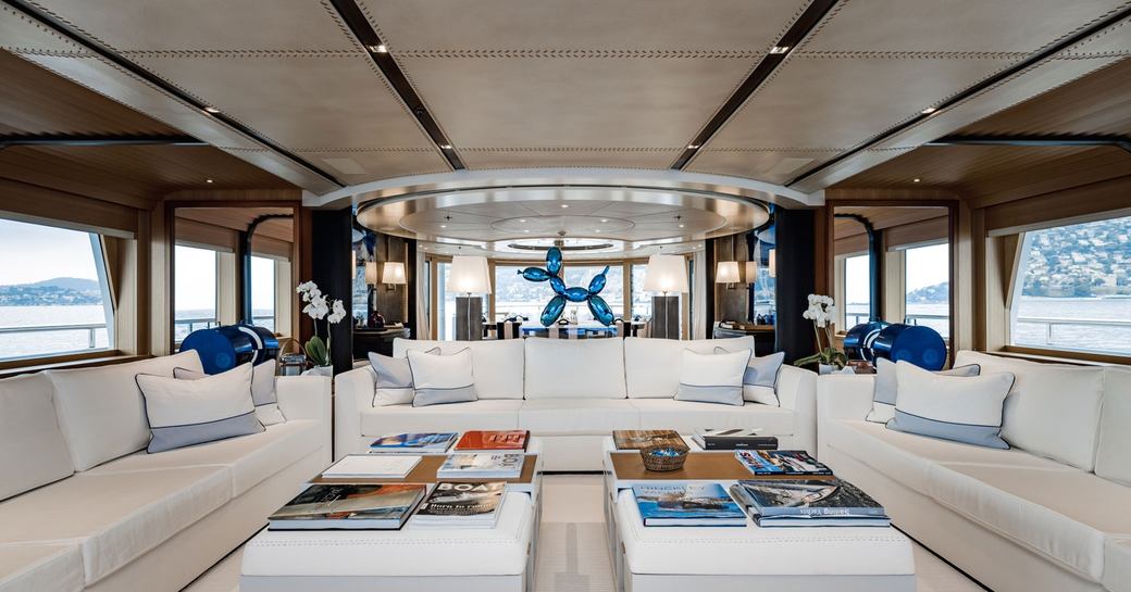 Interior social space on board motor yacht 