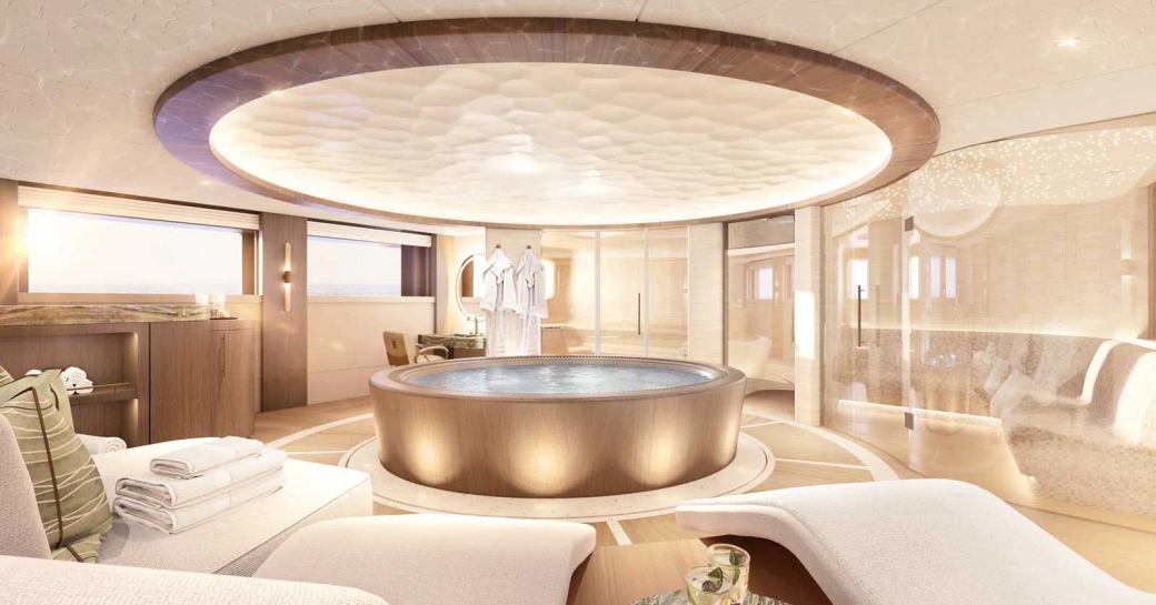 Overview of the spa facilities onboard superyacht SPARTA, central whirlpool tub with padded loungers around the outside.