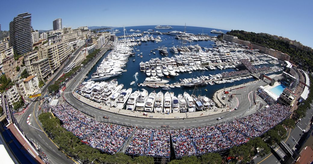 Overhead shot of monte carlo harbour and grand prix track