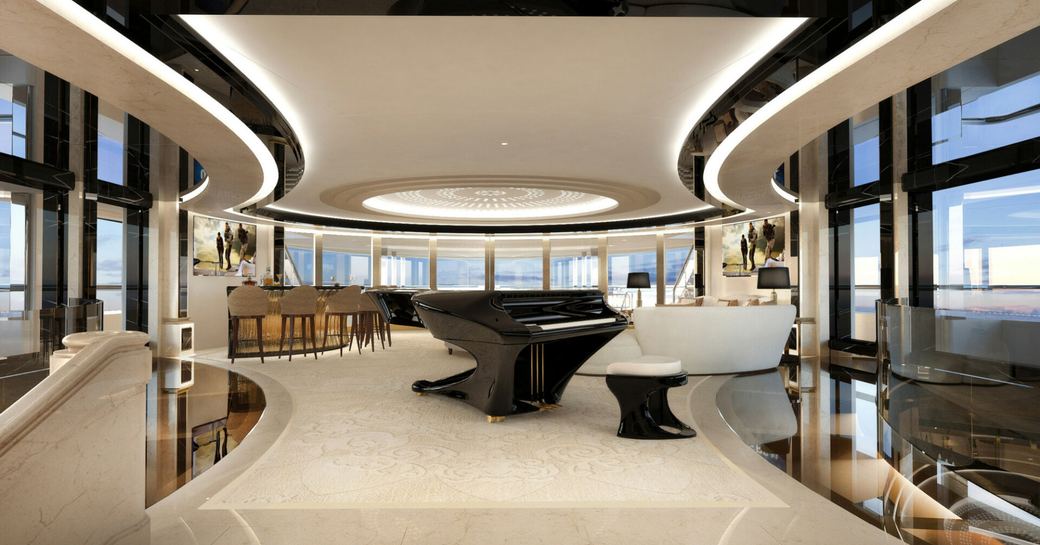Grand piano situated in the interiors of charter yacht KISMET