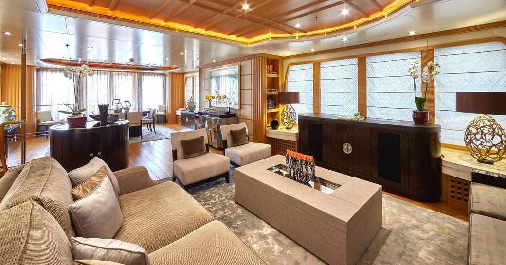 sumptuous main salon aboard charter yacht HANIKON 