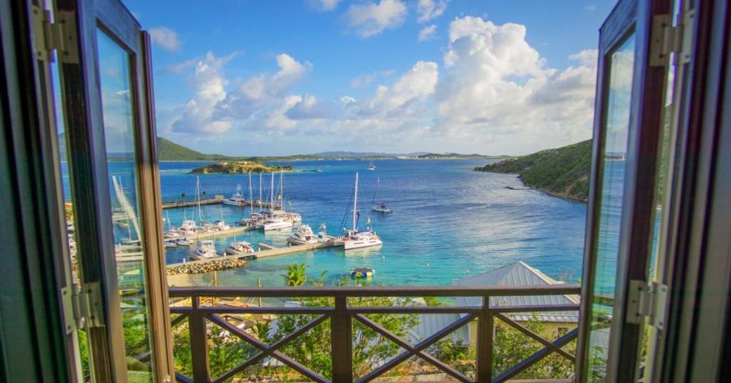 view of the marina and scenery from a room at the Scrub Island Resort, Spa and Marina in BVI